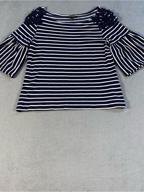 Banana Republic women’s Navy &White Striped Crochet Shoulder ruffleSleeve Top XS